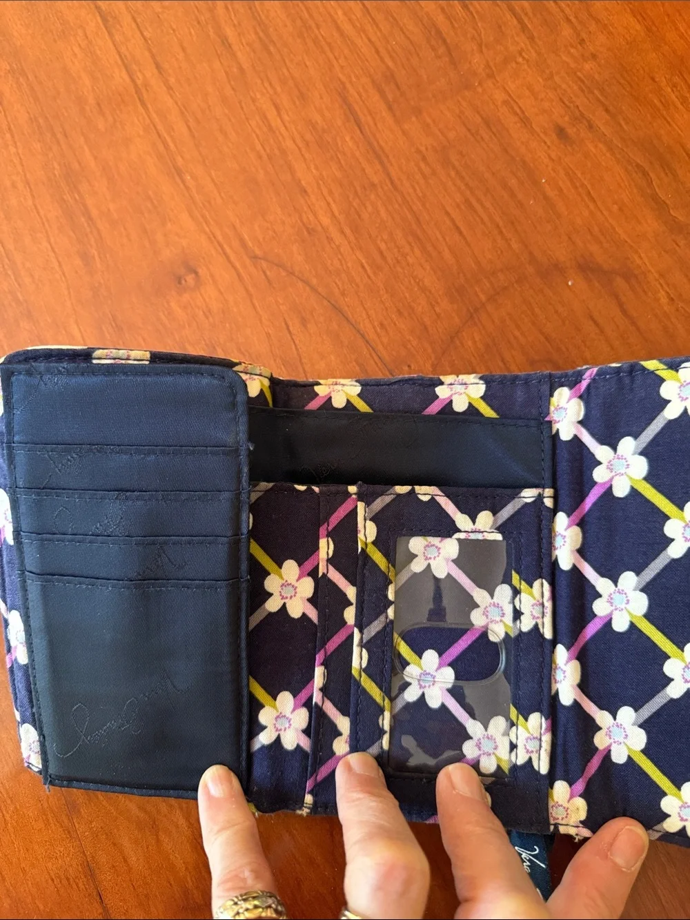 Vera Bradley Quilted Floral Trifold Wallet in Navy, Pink & Yellow Floral